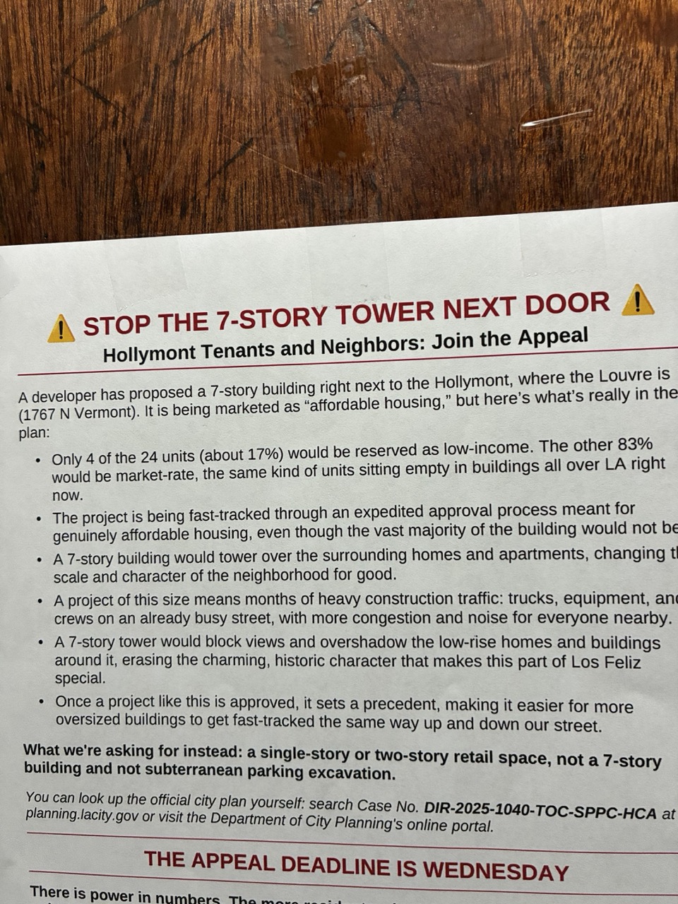 A “Stop the Tower” flyer posted near the Hollymont in Los Feliz